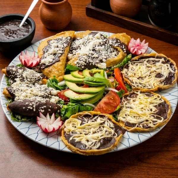 A colorful platter of Mexican food with empanadas, sopes, salad, and black bean dip.