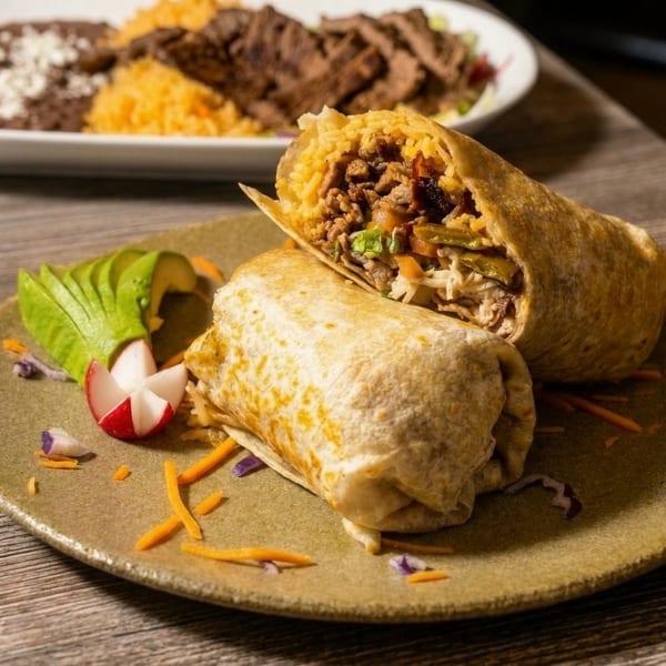 Two burritos, one cut open to show meat, rice, and vegetables, with avocado and radish on a plate.