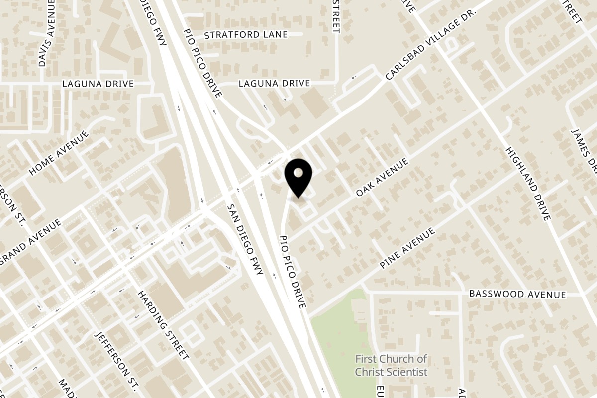 Map showing the location of El Tejate Restaurant on 3050 Pio Pico Dr in Carlsbad